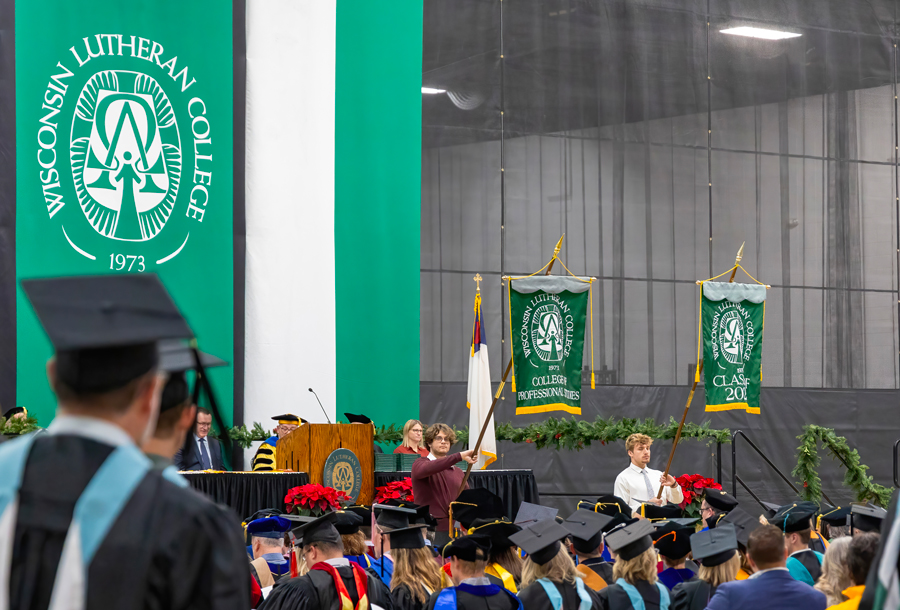 Commencement procession with banners