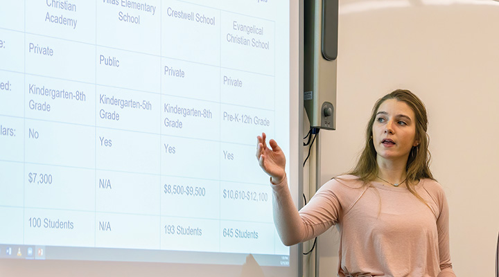 Student presenting in business capstone course