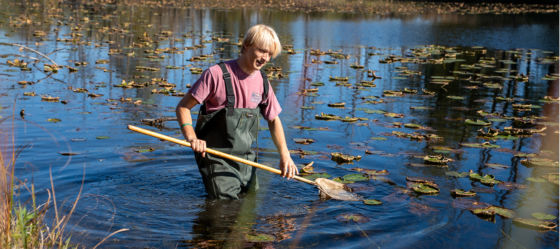 Student standing in river with net