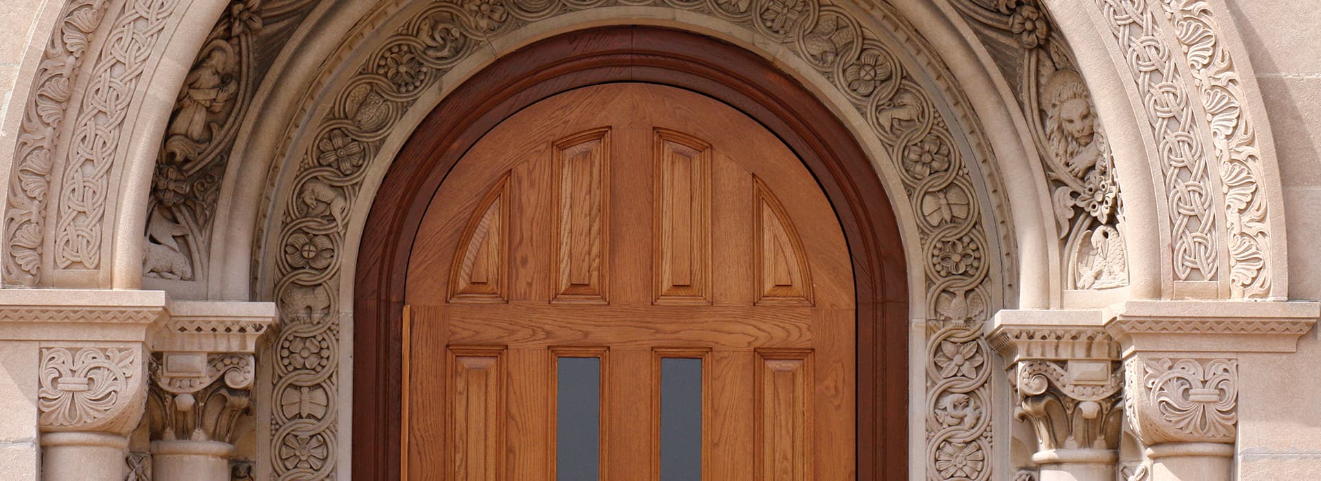 Wooden front door of campus building