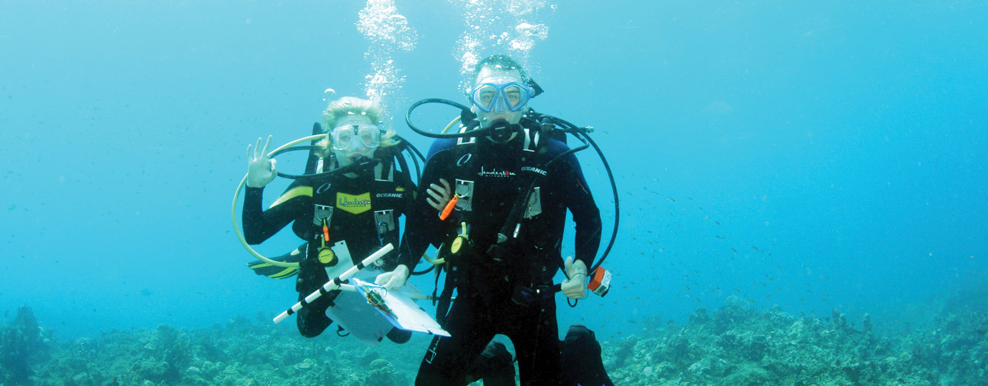 WLC students scuba diving near coral reef