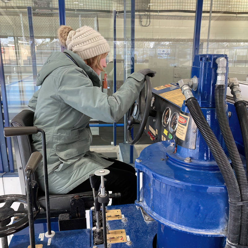 Carrie driving the Zamboni