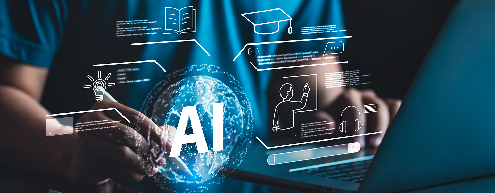 AI text and drawings overlaying a person with a laptop