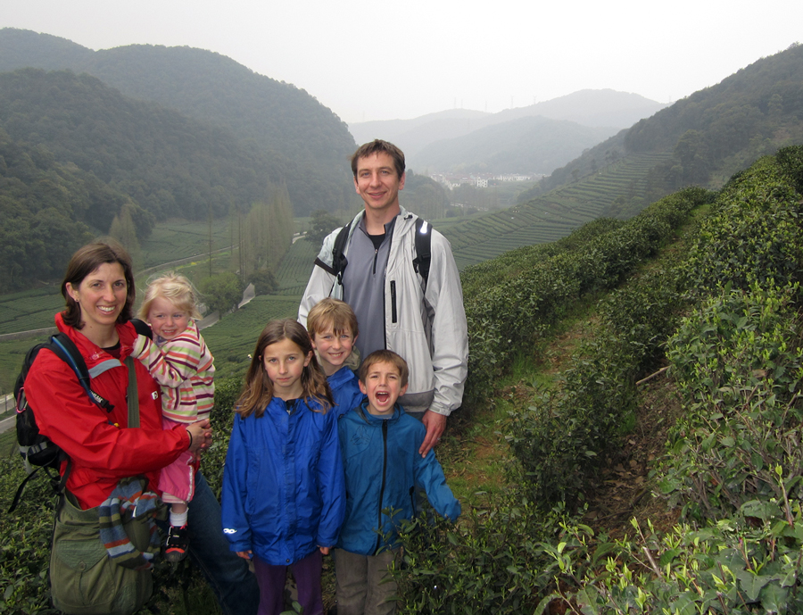family in hills
